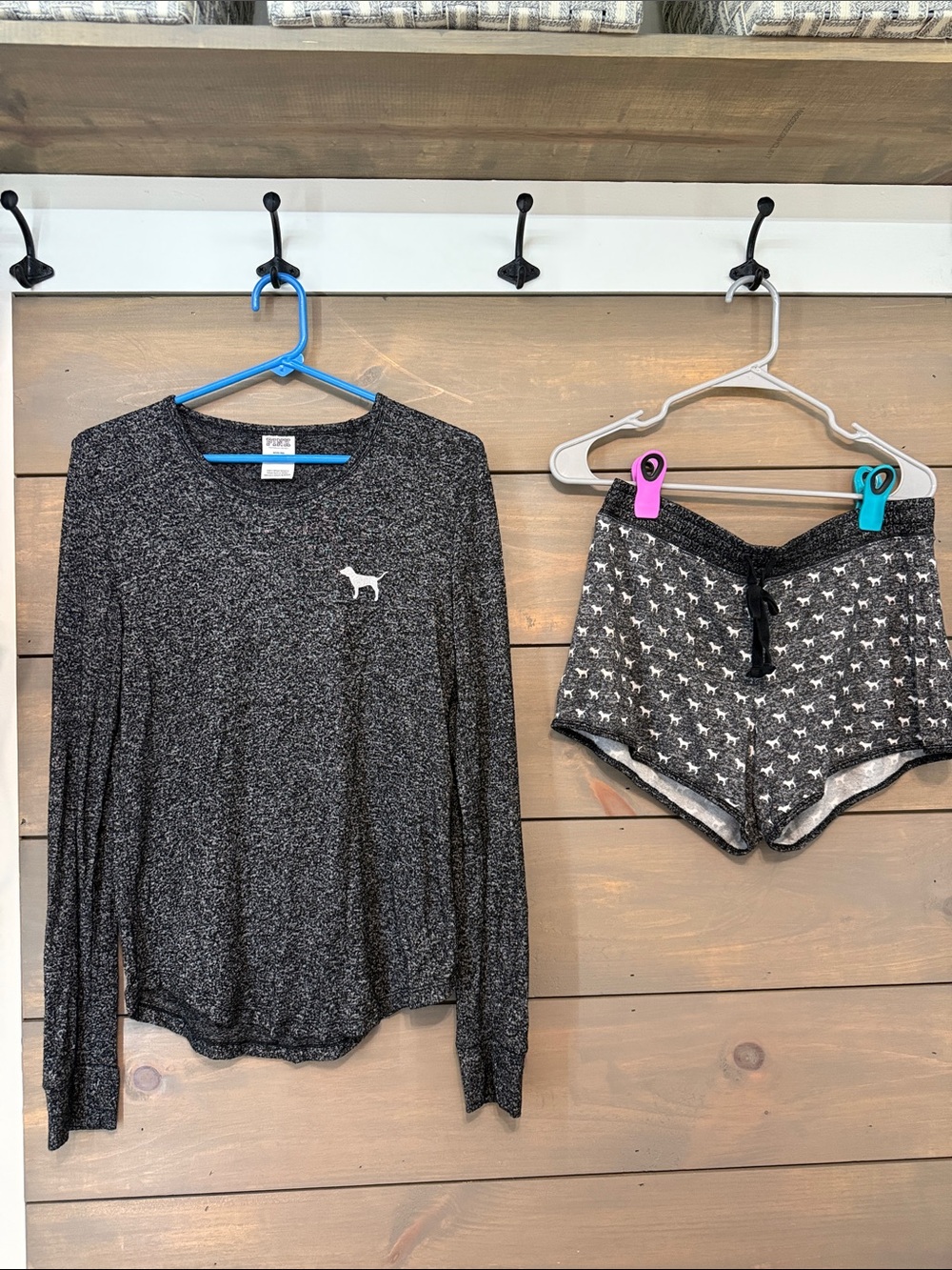 PINK Victoria's Secret Charcoal Gray Long Sleeve Top & Dog-Print Shorts Set